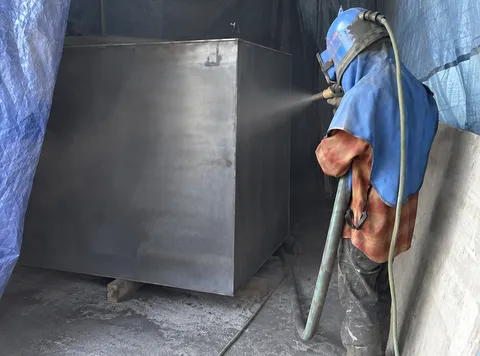 Proses sandblasting di workshop